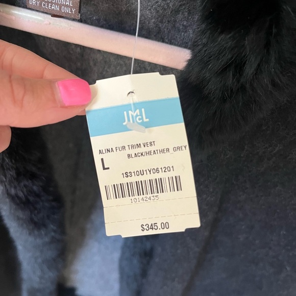 NWT J. McLaughlin Alina Cashmere Fur Trim Luxury Open Vest, Black and Gray, L - Picture 4 of 7